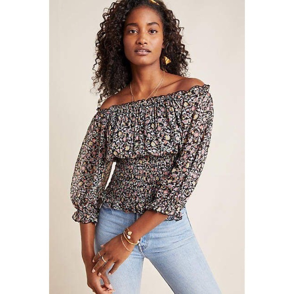 Anthropologie • Lucia Off-The-Shoulder Blouse smocked peasant black floral